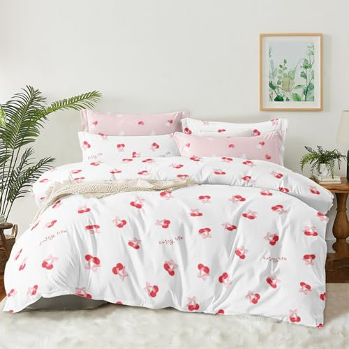 Tospass Housse de Couette 220x240cm Blanc Rose Rouge Nœud Cerise Parure de Lit 2 Personne Adultes avec Fermeture Éclair Housse Couette en Microfibre avec 2 Taie d'oreiller 65x65cm