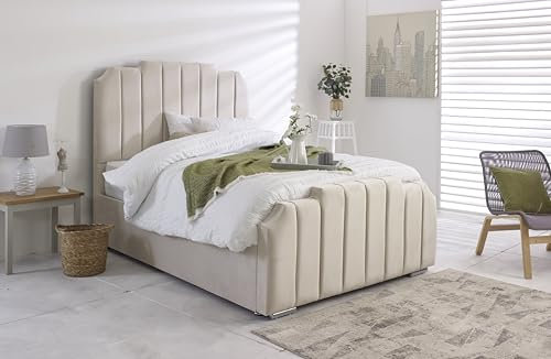 3FT Single Ottoman Storage Solid Divan Base Amelia Panel Bed Frame With Mattress And Headboard Upholstered In Plush Velvet Cream Bed End Lift (Cream, 3FT Single Bed Gas Lift With Mattress)