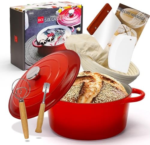 Enameled Cast Iron Dutch Oven with Proofing Basket, Non-Stick Ovenproof Casserole Pot, Red Dutch Oven for Braising, Stews, Roasting & Bread Baking 5Litres-26cm