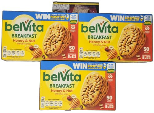 Belvita Choc Chip Breakfast Biscuits, Chocolate Chips with Honey & Nut – 225g Pack of 3 | Whole Grain Cereal Biscuits for Energy | With Kitchenfella 14-Day Healthy Eating Challenge Postcard