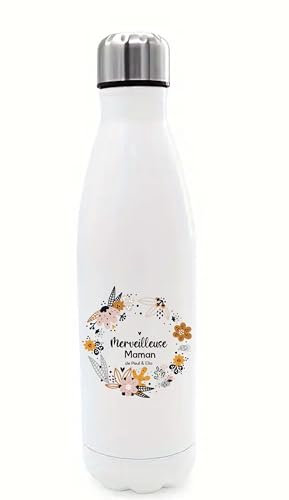 Gourde Isotherme Blanche 750 ml Merveilleuse Maman de [prénom] avec Couronne de Fleurs – Cadeau Personnalisé Fête des Mères – Gourde Élégante et Pratique