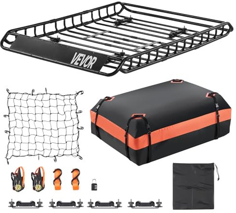 VEVOR Dachgepäckträgerkorb Autodachkorb (1300 x 910 x 105 mm) universeller Dachgepäckträger mit Gepäcktasche & Netz & Ratschengurten (90,7 kg Max Tragkraft), Autodach-Gepäckträger für SUV LKW