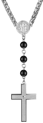 SHIEAGLELD Kreuz Kette Herren, Silber Kette Kreuz Edelstahl, Christlicher Kreuzkette Halskette mit St Benedikt Medaille ＆ Rosenkranz, Schmuck Geschenke für Papa, Bruder, Freund mit Geschenk-Box