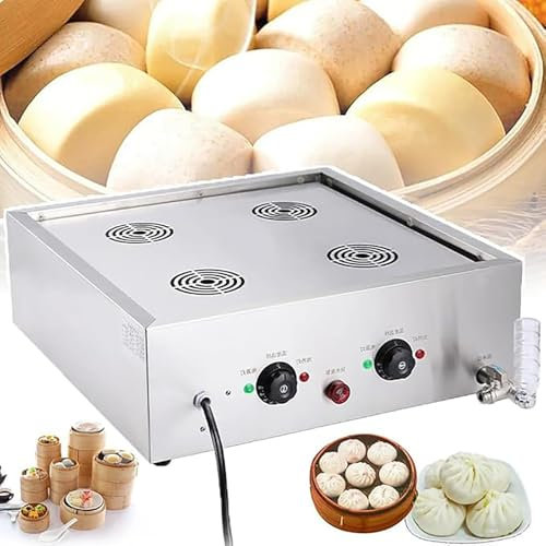 PPLDABNK Macchina per Panini Vapore Elettrica Commerciale Vaporiera 3000W Macchina per Panini al Vapore in Acciaio Inox 30-110°C con Controllo Temperatura, Promemoria Mancanza d'Acqua,4 Holes