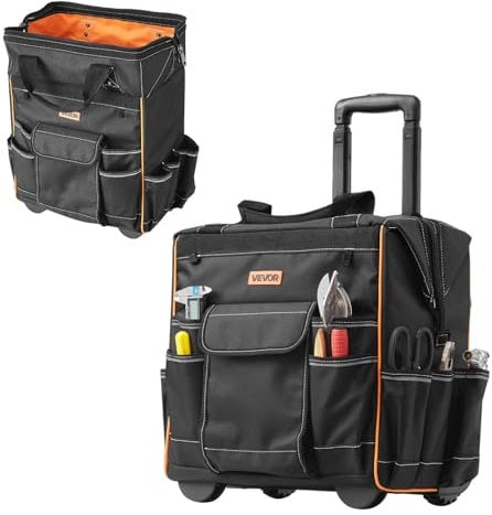 VEVOR Zaino Portautensili con Ruote, Capacità max. 50 kg, Borsa Portautensili con Ruote da 25 Tasche, Maniglia Telescopica Regolabile, 390 x 290 x 420 mm, Organizzatore per Borse per Lavoro