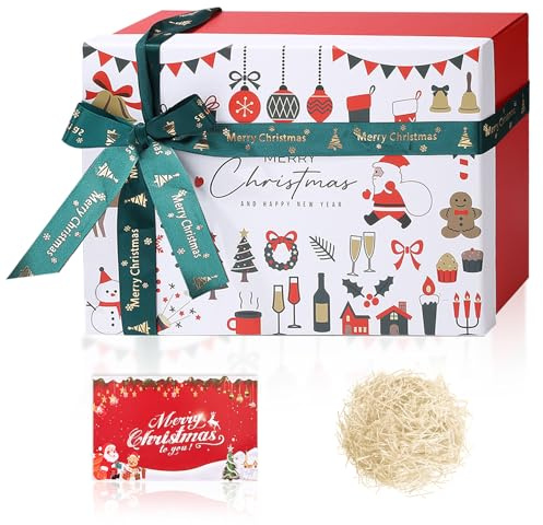 Weihnachten Geschenkbox mit Deckel, 29x22x10.5cm, LuxuriöS und Faltbar | Groß Christmas Geschenk Box, mit Grußkarte, Bast, Schleife, Ieere Geschenkbox (Weiß)