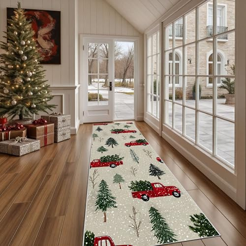 Dppyuxa Teppich Läufer Flur Landhausstil Weihnachtstruck Lang Waschbar | und rutschfest Festliche Tanne Küchenläufer Schneelandschaft Flurteppich für Küche & Eingangsbereich 60x150 cm