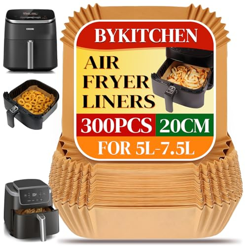 BYKITCHEN 300PCS Air Fryer Liners, 20cm Square Parchment Paper Airfryer Liners Disposable, Fit for 5L-7.5L Baskets, Nonstick Food Grade Air Fryer Accessories for Ninja/Cosori Turbo Tower/Tefal Fryers