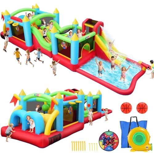 Aufblasbare Wasserrutsche Hüpfburg für Kinder, 2-in-1 Verbindbares Aufblasbares Trampolinburg-Set, Tolles Geschenk für die Gartenparty im Wasserpark, inklusive Gebläse (Verbindbare A+B)