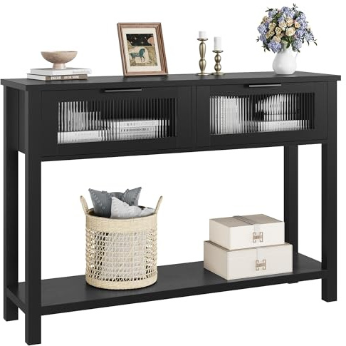 Garvee Table Console, Console d’Entrée, Table d'appoint à 2 Niveaux avec 2 Tiroirs en Verre et Étagère de Rangement, pour Couloir Chambre Salon