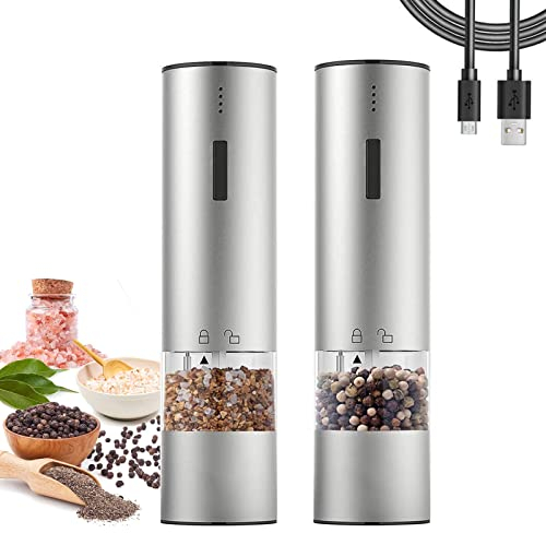 Macina Pepe, Macina Pepe Elettrico, Ricaricabile USB Macina Sale Pepe con Macinino in Ceramica Regolabile, Macinaspezie Acciaio Inossidabile per Saliera e Pepiera Spezie Erbe,2pcs