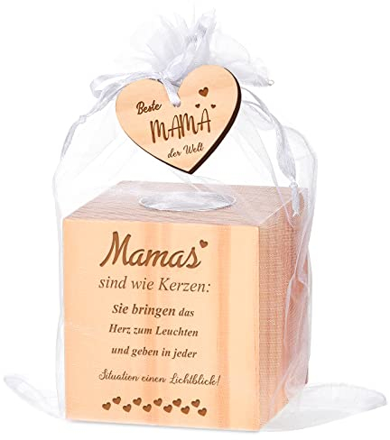 Patelai Muttertagsgeschenk Mama Holz Kerzenhalter mit Kerze Holz Teelichthalter Mutter Kerzenständer Geburtstag Geschenke mit Organzabeutel für Mutter von Tochter Sohn