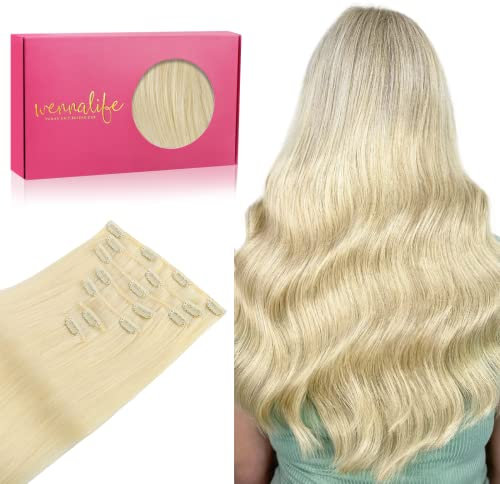 Wennalife Extensiones de cabello humano real con clip, 60 cm, 120 g, 7 unidades, rubio decolorado, cabello humano Remy