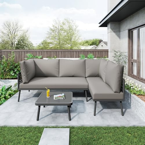 Moimhear Garten-Lounge-Set aus Eisen, Gartenmöbel-Set aus Seil, L-förmiges Gartenmöbel-Set, Lounge-Set aus Seil mit Sitzkissen, verstellbaren Füßen (grau)
