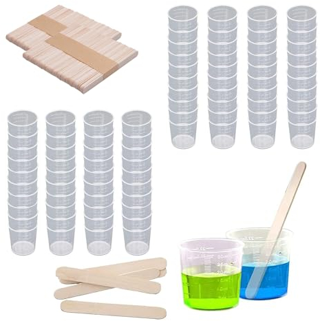Messbecher Mischbecher, 100 Stück 30ml Kunststoff Messbecher mit 100 Stück Rührstäbchen für Mischen von Farben Epoxiden Harz Labor Kochen Malerei Zubehör (White)