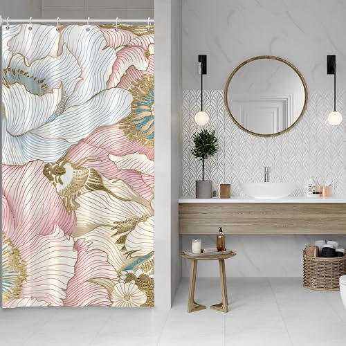 ASDCXZ Flower Shower Curtain 120x180 cm, Modern Luxurious Rose White Gold Flowers Bath Washable Narrow Shower Curtains Polyester Textile Waterproof Shower Curtain for Bathtub with 8 Hook