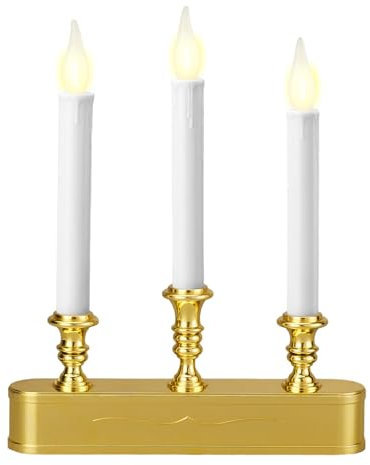 FESTIA Elegant Battery Operated Window Candelabra with Timer - 3 LED Flicker Flame Antique Bronze 8 Hours On/16 Hours Off Timer Perfect for Indoor Ambiance (Gold)