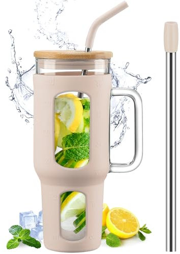 BLUEGO Glass Tumbler with Lid and Straw, 1400ml Iced Coffee Cup with Handle, Glass Water Bottles with Silicone Sleeve, 1.4L Glass Cup with 2 Straws, BPA Free, Amber