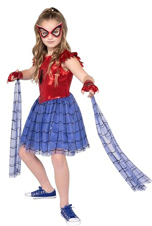 MARVEL Spider-Man Official Youth Halloween Dress - Premium Quality Printed Dress with Fabric Half Mask (S)