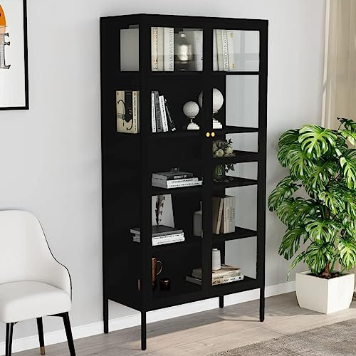 Willood Vitrinenschrank Mehrzweckschrank mit Glastüren Wohnzimmer Metallschrank Schwarz 90 x 40 x 180 cm