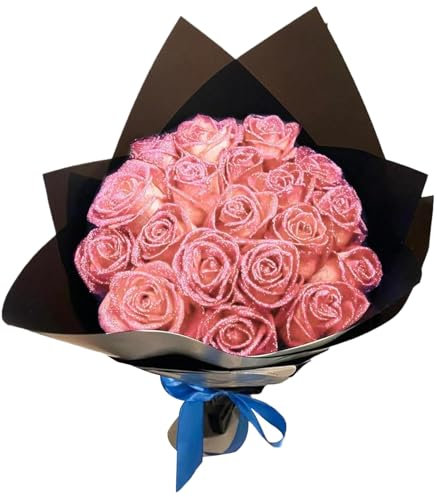 Bouquet rose glitter 1 set realistico fai -da -da -te falsi fiori glitter bouquet comprende 12 fiori, 12 gambi, 2 carta da avvolgimento e 2 nastri romantici eterni finti per matrimonio, San Val