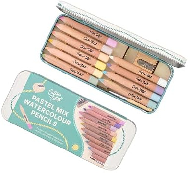 COTTON TWIST Pastel Watercolour Pencils Set of 10 with Brush, Pack of 10 | Includes sharpener and reusable tin container for mess-free, plastic-free colouring and serene art projects.