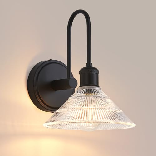 Vikdio Wandleuchte Vintage Wandlampe in Schwarz mit Rundem Klaren Glasschirm, Festverkabelt für Schlafzimmer, Bad, Wohnzimmer | Inkl. 1 LED Birne
