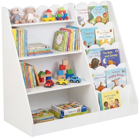 COSTWAY Kids Bookshelf, Wooden Book & Toy Storage Organizer (White) | Montessori Children Bookcase with 5-Tier Scalloped Shelves, Deep Compartments for Kids Room, Nursery, Playroom