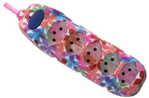 Electraline - Barre multiprise 5 prises Suisse multiple, câble 1.5 Mt, prise réseau 10 A Suisse, avec interrupteur Commutateur ON/OFF - Rose à fleurs - Plastique