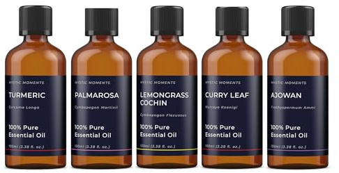 Mystic Moments | Essential Oils of India Starter Pack | 5x100ml | Five items: Patchouli, Sandalwood, Ginger, Black Pepper and Jasmine for everyday use.