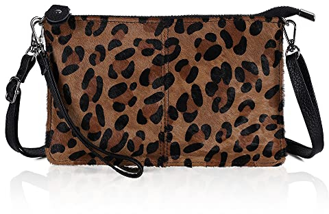 befen Echtleder Damen Umhängetasche Klein Clutch RFID-Blockierung Handtasche Damen Leder Crossbody Bag mit Reißverschluss und Schultergurt & Handgelenkband,Leopardenfarbe