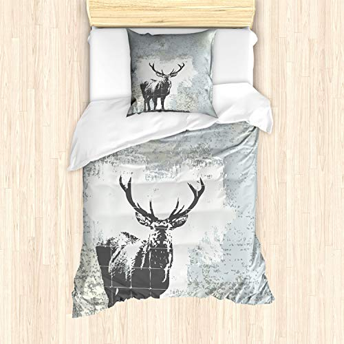 ABAKUHAUS Geweih Bettbezug Set für Einzelbetten, Hirsch Silhouette Grunge, Milbensicher Allergiker geeignet mit Kissenbezug, Grau schwarz