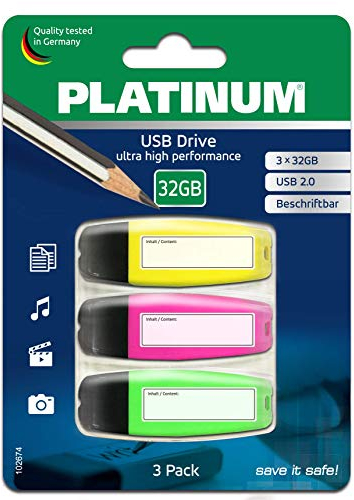 PLATINUM USB-Stick mit Beschriftungsfeld 32 GB 3-Pack USB Archiv 2.0 USB-Flash-Laufwerk - 3er Pack Speicher-Stick in Schwarz/Bunt Neon