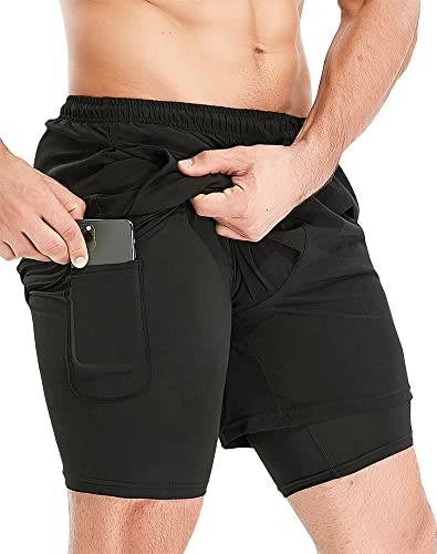 HOPLYNN Herren 2 in 1 Shorts Sommer Schnelltrocknende Laufshorts mit Taschen Sport Kurze Hosen Fitness Laufhose Schwarz XL