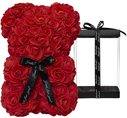 DuHouse Rose Bear Rose Teddy Bear Flower Gift Black Box per San Valentino Anniversario Festa della Mamma Natale, Compleanni Bridal Showers Completamente realizzato a mano 25,5 cm Flower Bear(Rosso)