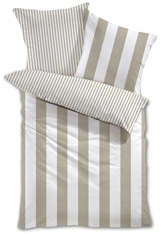 Traumschlaf Mako-Satin Wende-Bettwäsche Los Angeles – Edle Satin Bettwäsche aus 100% Baumwolle mit moderner Streifenoptik in warmen Naturtönen – 200x220 cm + 2X 80x80 cm, beige