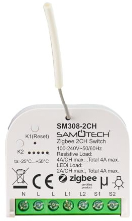 SAMOTECH 2-Channel Zigbee Switch, works with or without a neutral wire. Can be used on its own or with standard on/off light switches. Compatible with Home Assistant and other popular hubs (SM308-2CH)