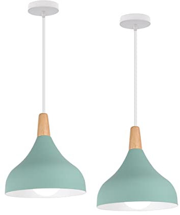 Hongho Suspension Luminaire Vintage Métal Lustre Industriel Lampes E27 Corde Ajustable Abat-jour Bois Aluminium pour Salon Cuisine Restaurant Salle à manger Chambre (vert 2pcs)