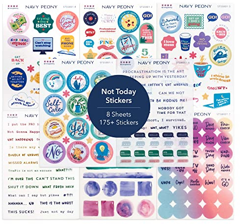 Navy Peony Not Today Mental Health Awareness Sticker-Set (8 Bögen, 175+ Kleine Sticker) – A6, Motivations-Sticker für Selbstfürsorge-Journals, Planer, Vision Boards