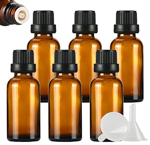 ZEOABSY 6 Pcs 30ml Amber Glass Dropper Bottle with Tamper Evident Black Dripper Cap for Essential Oils Fragrances Aromatherapy Cosmetic Travel Bottles Vials