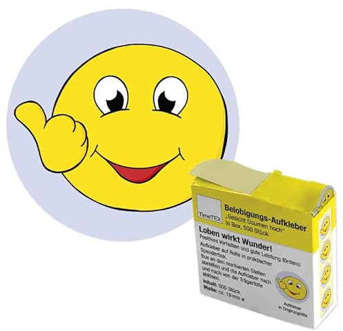 TimeTEX Belobigungs-Aufkleber Gesicht - Daumen hoch in praktischer Spender-Box - 500 Stück - 62215
