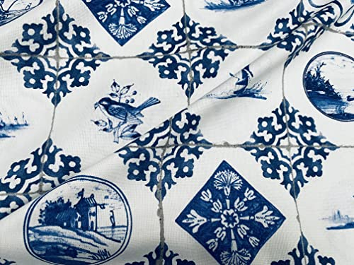 Geometrischer Stoff mit niederländischen Fliesen, Keramik-Effekt, Delft-Blau, Windmühlen, Holland-Tulpen, Baumwolle, Vorhänge, Polstermaterial, 140 cm breit, Meterware