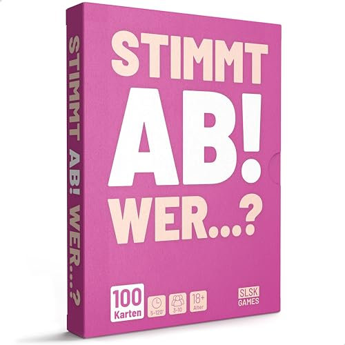 SLSK Games Stimmt Ab! Wer...? - Heiz` die Gerüchteküche an! - Partyspiel mit 100 Spielkarten - Kartenspiel - Partyspiele für Erwachsene - für Jede Feier (WG Party, JGA, Silvester) - deutsche Version