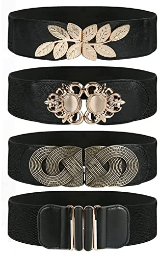 Pomeloone Breiter Elastischer Gürtel Damen, 4 Stücke Frauen Schwarz Vintage Stretch Taille Gürtel, Breite Retro Mode Cinch für Frauen, für Taillenumfang 95-115cm