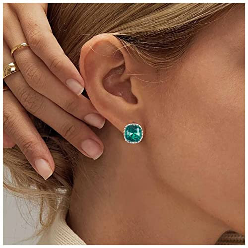 Yheakne Vintage Green Emerald Square Stud Earrings - Luxury Geometry Earrings for Women and Girls