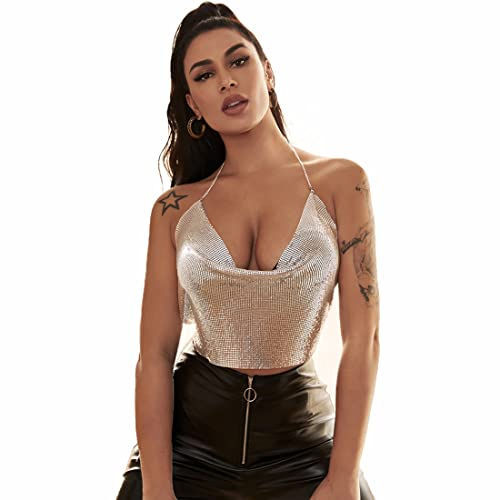 ITODA Damen Halter Top Tief V Neckholder Crop Top Rückenfrei Spaghettitop Sommer Durchsichtig Tank Top Y2K Metall Pailletten Trägertop Bauchfrei Spaghettiträger Tanktops für Nachtclub Party Silber