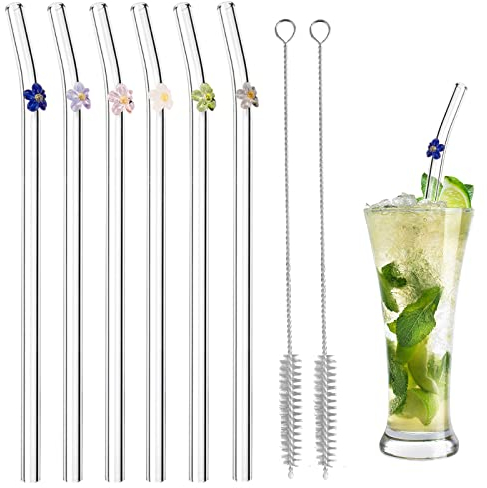 6 Stück Glasstrohhalme Wiederverwendbar, Gebogenes Strohhalm-Design mit Bunten Blumen, Gebogene Strohhalme Glas, mit 2 Reinigungsbürsten, für Bubble Tea, Slush, Cocktail, Säfte