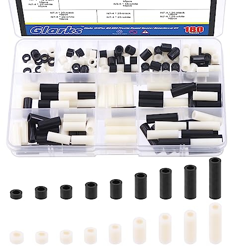 Glarks Kit surtido de espaciadores redondos de nailon para tornillos M4, espaciadores de tornillos de salida eléctrica, arandelas redondas ABS en blanco y negro, soporte espaciador para tornillos