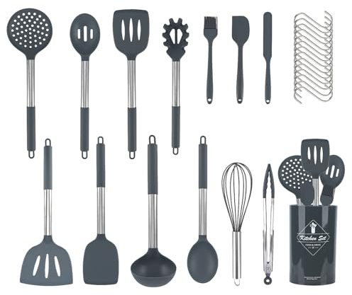 Podazz Juego de utensilios de cocina de silicona, 24 piezas juego de utensilios de cocina de silicona, espátula cuchara pinzas Turer herramientas de cocina antiadherentes(Gris)