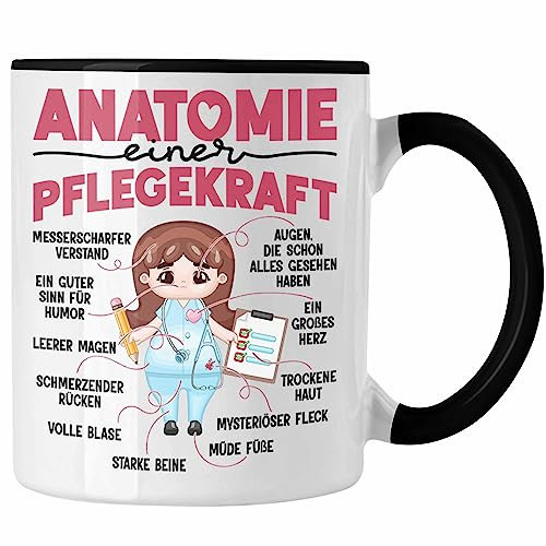 Trendation - Anatomie Einer Pflegekraft Tasse Geschenk Pflege Geschenkidee Spruch Pflegerin Sprüche (Schwarz)